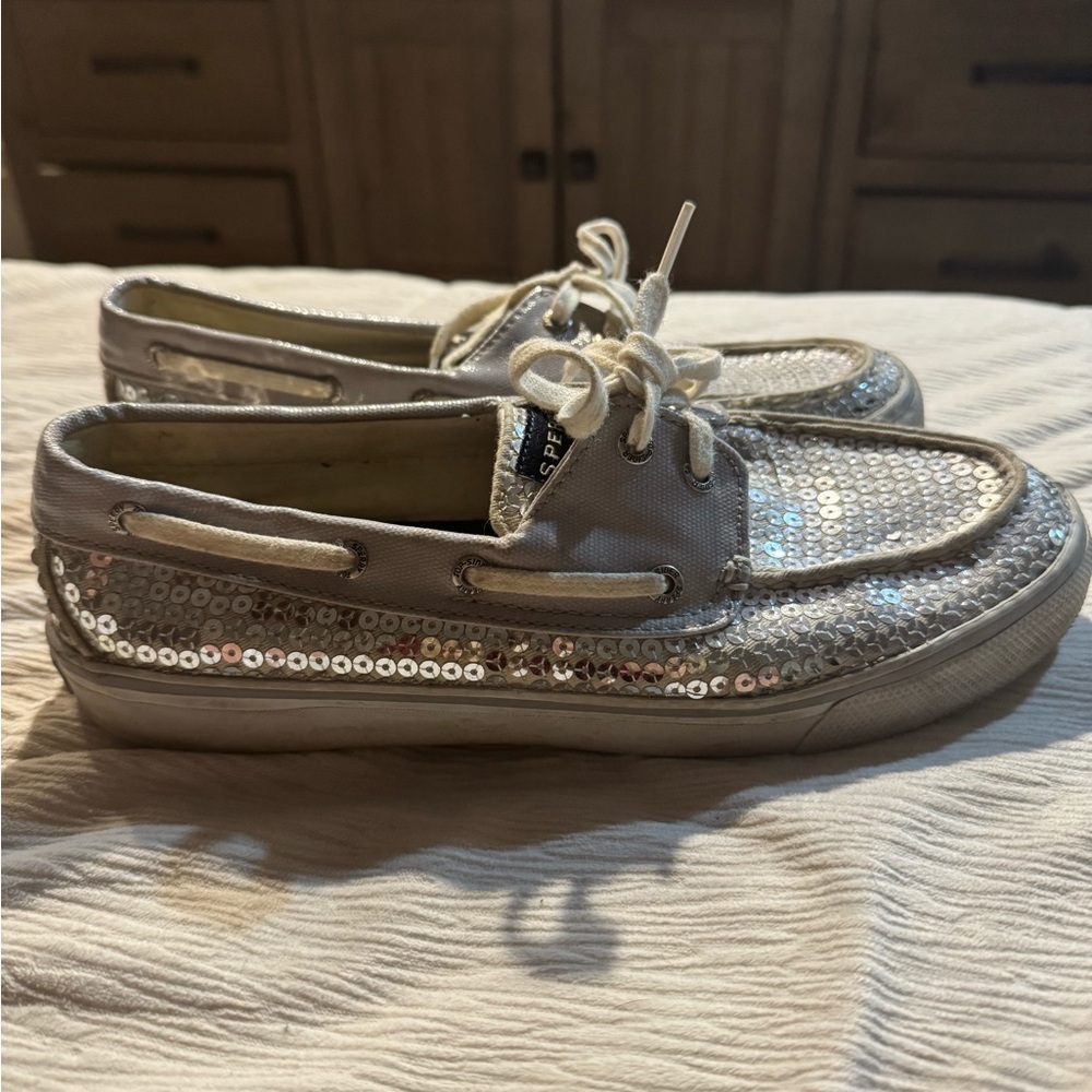 Women's Silver Sequin Sperry Boat Shoes